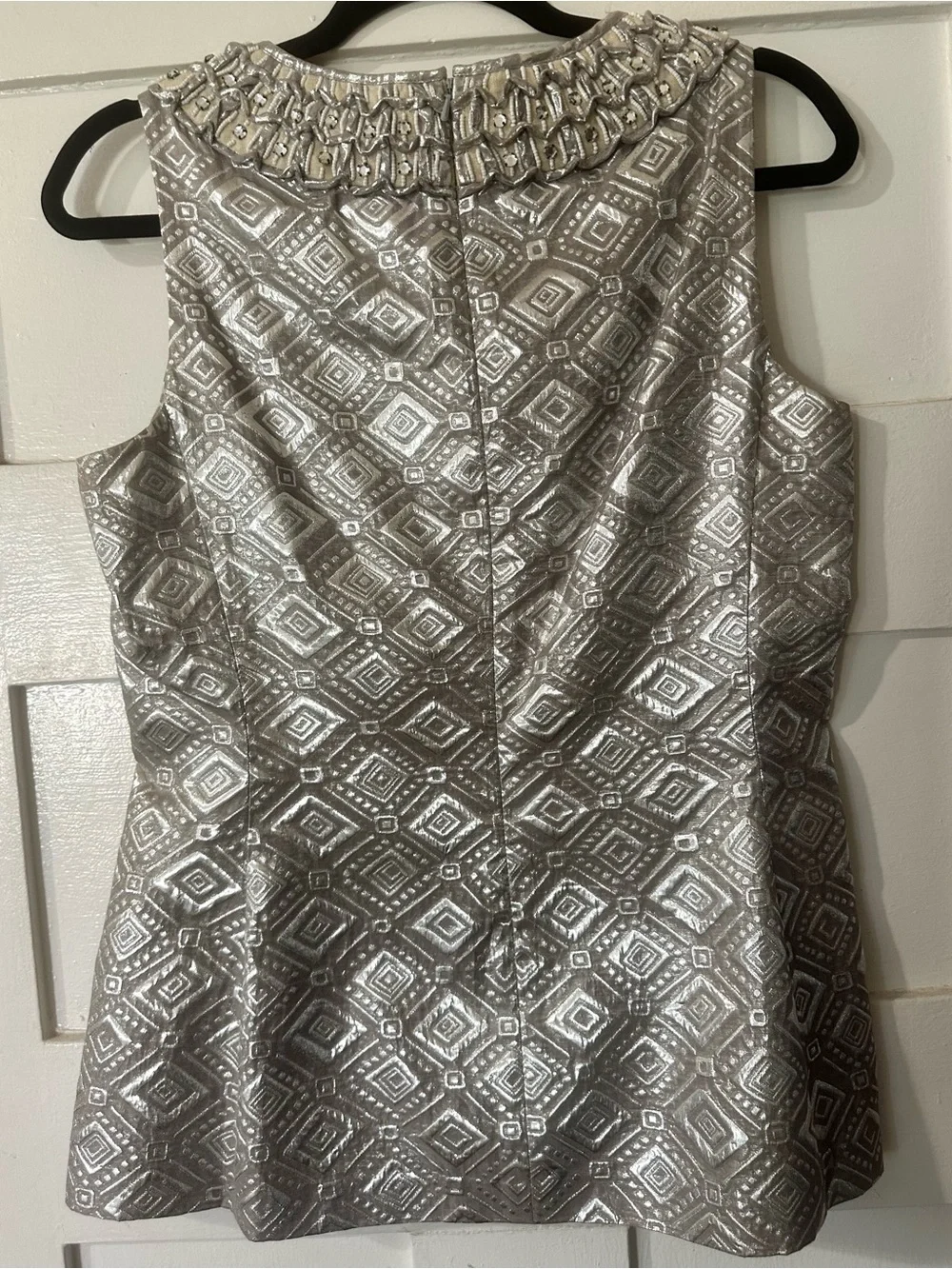 Tory Burch Silver Brocade Top w Rhinestone Neckline Beautiful Linen-Blend Top
